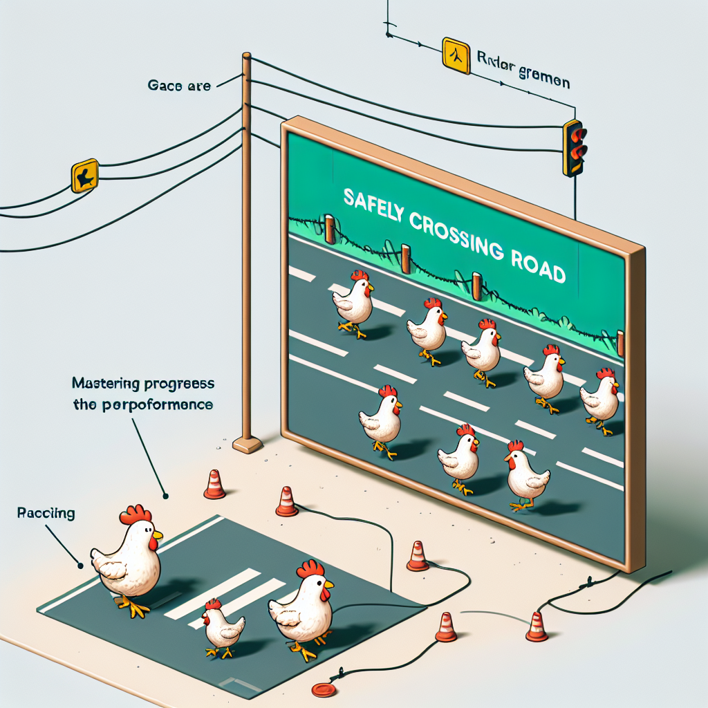 Chicken practicing crossing the road